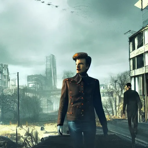 Image similar to fallout 4, charismatic david bowie, portrait, outdoors ruined cityscape, atmospheric lighting, painted, intricate, volumetric lighting, beautiful, daytime, sunny weather, slight overcast, sharp focus, deep colours, ultra detailed, by leesha hannigan, ross tran, thierry doizon, kai carpenter, ignacio fernandez rios