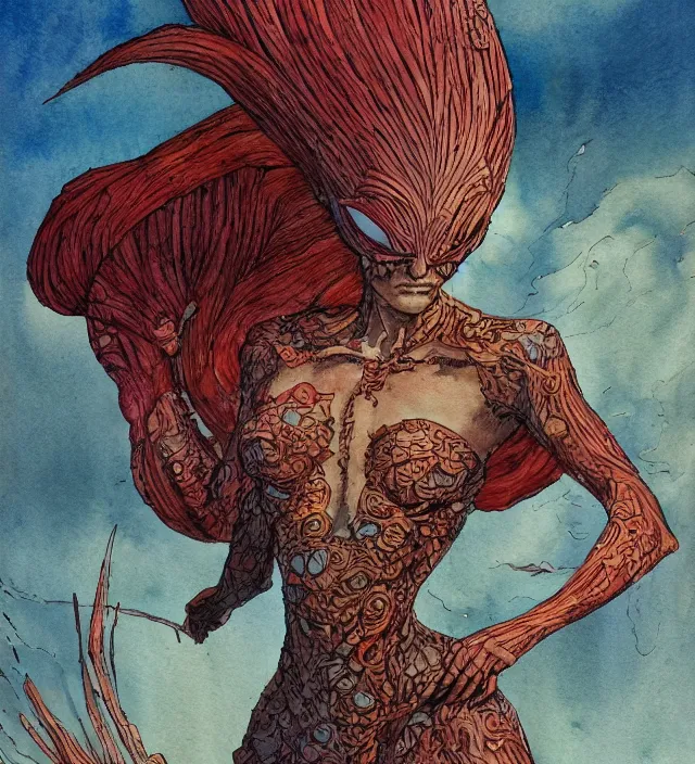 Image similar to a watercolor ink painting of a monstrous inhuman goddess of natural - disasters hiding in the style of jean giraud in the style of moebius trending on artstation deviantart pinterest detailed realistic hd 8 k high resolution