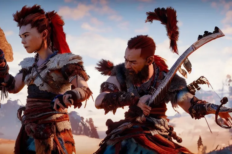 Image similar to aloy from the horizon zero dawn videogame playing the guitar with kratos from the god of war videogame playing the drums