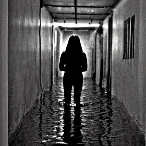 Image similar to a flooded creepy empty basement hallway with a creature standing in the dark, shaky, film grain, craigslist photo