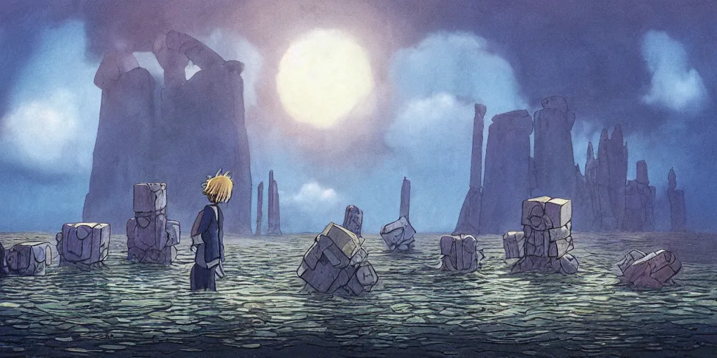 Image similar to a realistic and atmospheric cell - shaded concept art from howl's moving castle ( 2 0 0 4 ) of a multi - colored cube from close encounters of the third kind ( 1 9 7 7 ) over a flooded stonehenge. it is a misty starry night. very dull colors, hd, 4 k, hq