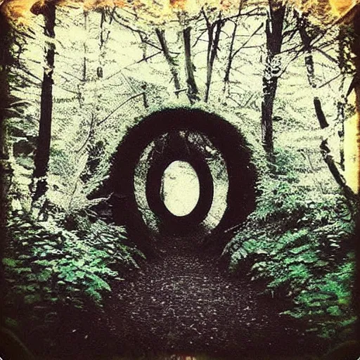 Image similar to dark forest with a portal that show to a dimension that is a flower garden, polaroid photo, perfect photo, photo pinterest