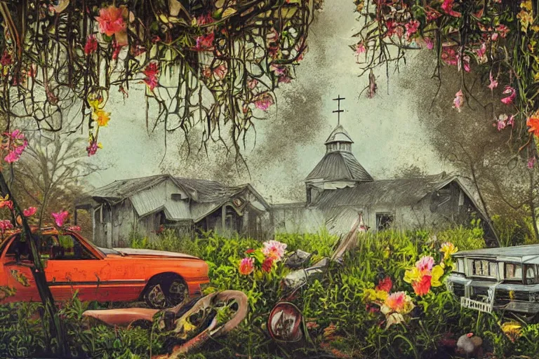 Image similar to hyperrealism, scene from church, thunderstorm, starship, junkyard, louisiana swamps, orange blooming flowers garden, 8 k, 8 0 s japanese sci - fi books art