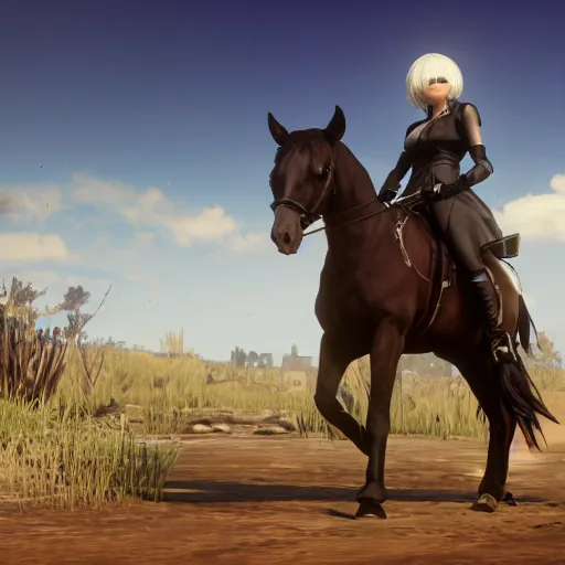 Prompt: Film still of 2B nier automata wearing skintight clothes riding a horse, from Red Dead Redemption 2 (2018 video game), trending on artstation, artstationHD, artstationHQ