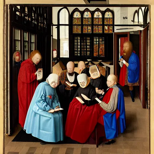 Image similar to A group of people on their smartphones, in the style of Jan van Eyck
