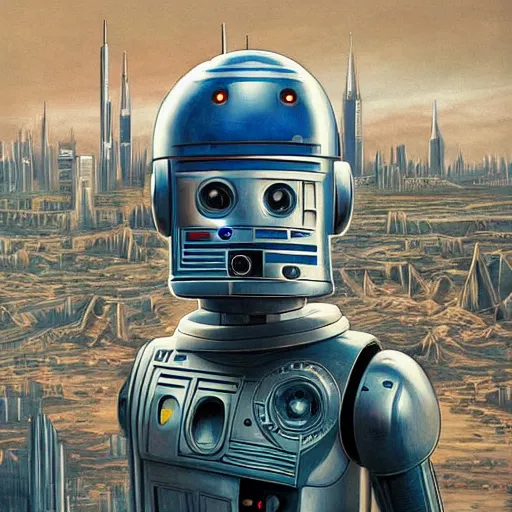 Image similar to portrait of a droid from mars amongst an extraterrestrial cityscape, intricate detail, hyperrealistic