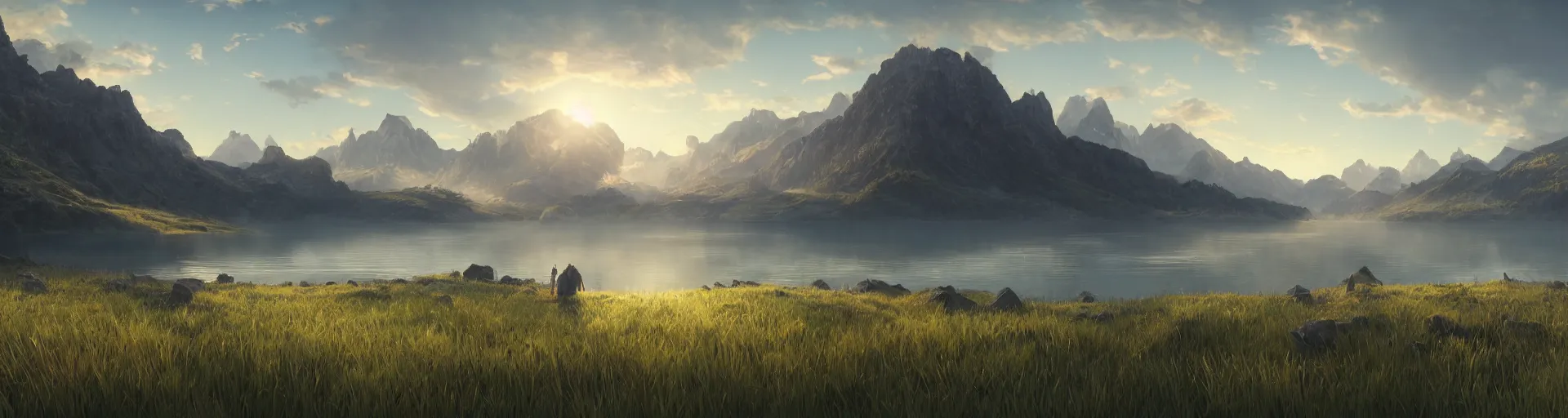 Prompt: beautiful render of a landscape, unreal engine, first light, majestic mountains, lake, beach, field, lush grass, beautiful sunrise, soft light, by greg rutkowski, cgsociety