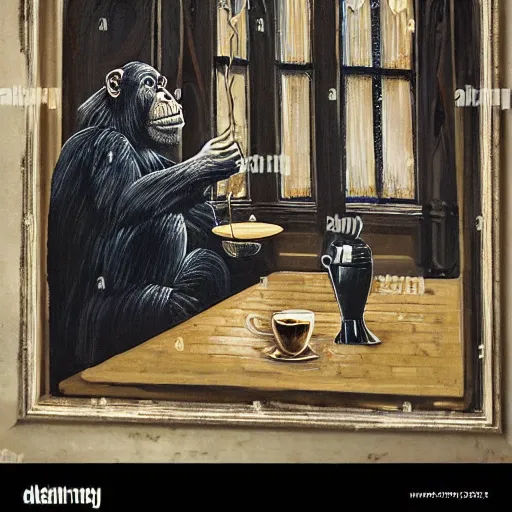 Image similar to Gothic painting of a chimpanzee serving coffee as a barista, in a night-time old-fashioned New York Cafe, candlelight, full shot,