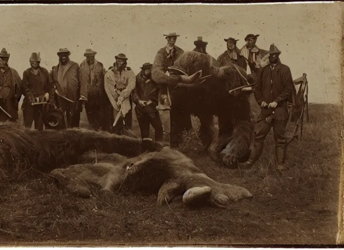 Image similar to tintype photo group of hunters with a giant dead woolly mammoth on the ground by their feet