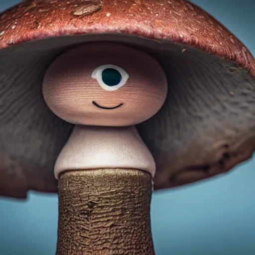 Image similar to macro photo with a mushroom character with cute eyes, drawn in detail