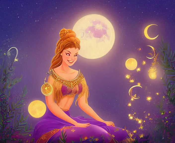 Prompt: an illustration of the spiritual goddess of essential oils, with starry dusted light and a moon, small bottles of oil, in the style of a disney princess, high contrast, highly detailed, sharp focus, digital painting, illustration, trending on artstation,