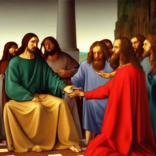 Image similar to jesus christ preaching to vladmir putin, photorealistic frame hanging on the wall, ultra-realistic in the colourful style of leonardo da vinci artstation hd oil painting and edward hooper, renaissance painting