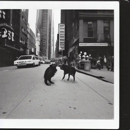 Prompt: wide-shot very low-angle eyesight photo of a dog at the street in New York, polaroid photo, by Andy Warhol, signed