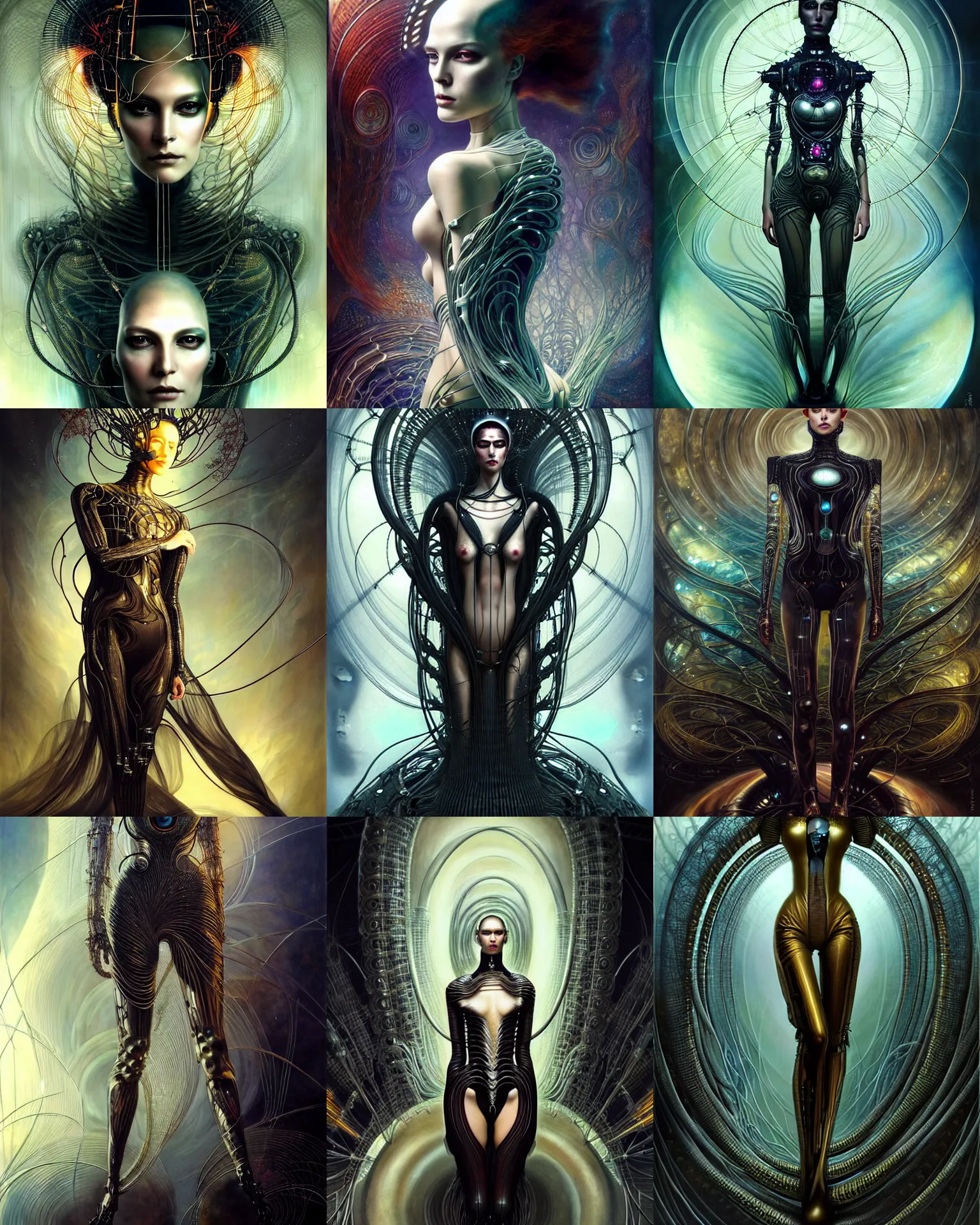 Prompt: karol bak and tom bagshaw and lecouffe - deharme full body character portrait of the borg queen of sentient parasitic flowing ai, floating in a powerful zen state, supermodel, beautiful and ominous, wearing combination of mecha and bodysuit made of wires and fractal ceramic, machinery enveloping nature in the background, scifi character render