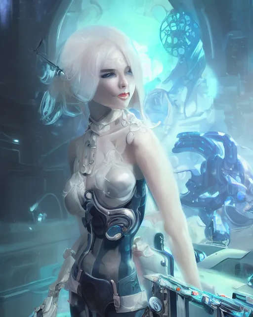 Image similar to holy cyborg necromancer girl, elegant, scifi, futuristic, utopia, garden, illustration, atmosphere, top lighting, blue eyes, white hair, focused, artstation, highly detailed, art by yuhong ding and chengwei pan and serafleur and ina wong