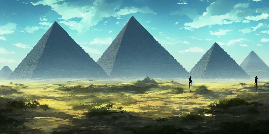 Prompt: a stunning dresert landscape with a pyramid in the distance by makoto shinkai