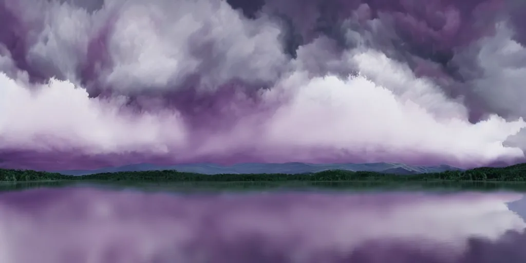 Prompt: matte painting of massive purple cumulonimbus clouds over a peaceful lake, 4k, trending on artstation