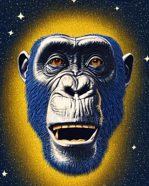 Image similar to blue, gold, very detailed high resolution illustration portrait of a chimpanzee head floating in space, backlit, night covered in stars, 3 d, 8 k, extremely detailed, artstation, award winning, sharp focus, illustration