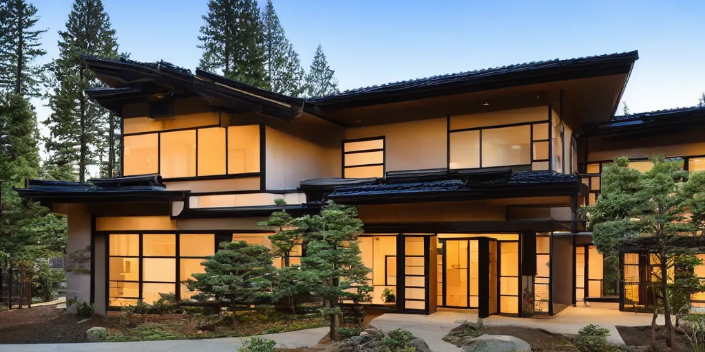 Prompt: large modern residence, pacific northwest japanese style, flared japanese black tile roof, many windows with warm light, elegant