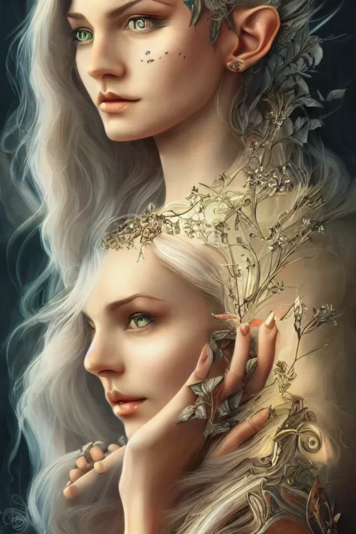 Image similar to portrait of beautiful elvish goddess , 8k, highly detailed, sharp, realistic, in style of Anna Dittmann