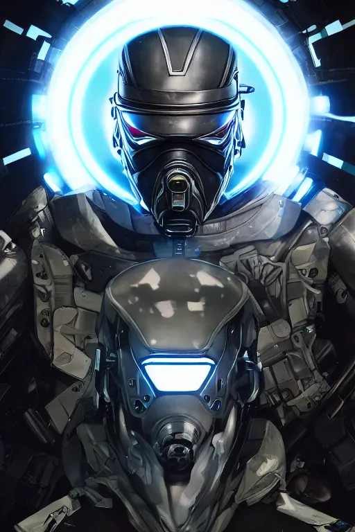 Image similar to cyber cyborg ninja mask helmet metal gear solid artic suit swat commando, global illumination ray tracing hdr fanart arstation by sung choi and eric pfeiffer and gabriel garza and casper konefal, a spectacular view cinematic rays of sunlight comic book illustration, by john kirby