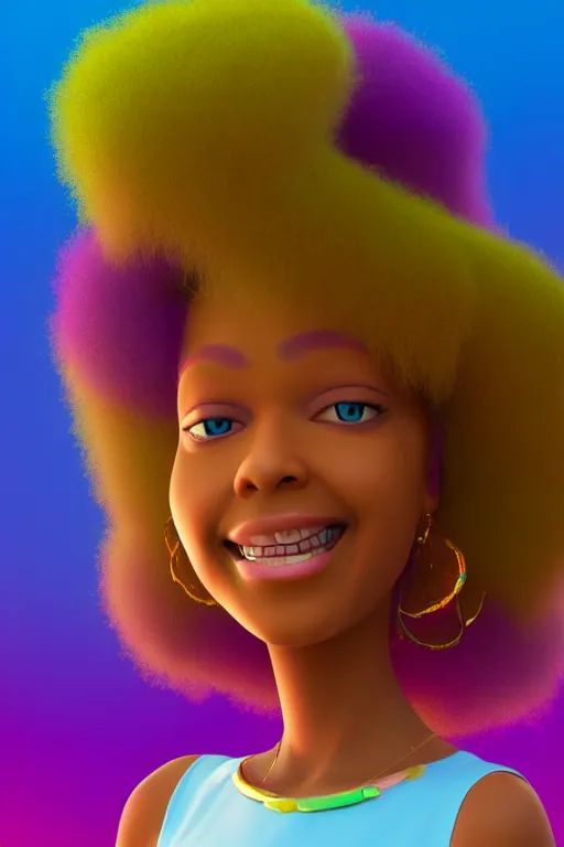 Image similar to a centered render of a groovy super cool afro disco girl from the seventies, by dreamworks, by pixar, by viktoria gavrilenko, by leticia gillett, perfect face, artstation, 3 d, 8 k