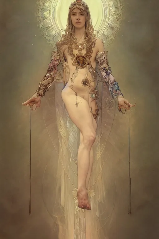 Image similar to a full body portrait of a beautiful ethereal delicate mage queen meditative sacral pose catholic stages of the cross, intricate, elegant, highly detailed, digital painting, artstation, concept art, smooth, sharp focus, illustration, art by krenz cushart and artem demura and alphonse mucha