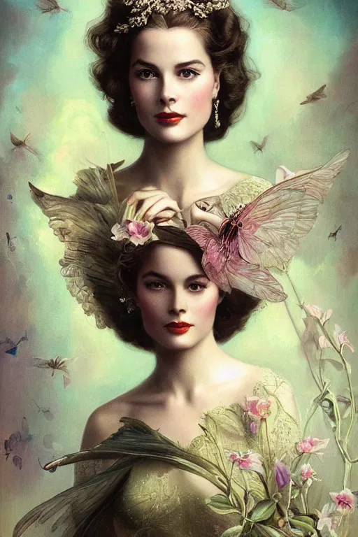 Image similar to A young and extremely beautiful Grace Kelly explaining the birds and the bees by Tom Bagshaw in the style of a modern Gaston Bussière, art nouveau, art deco, surrealism. Extremely lush detail. Perfect composition and lighting. Profoundly surreal. Sultry look on her face.