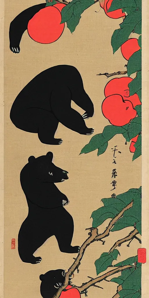 Prompt: ukiyo - e of an anthropomorphic asian black bear lifting up a small girl wearing a kimono to pick an apple from a branch above their heads, in the style of top 1 0 japanese artists