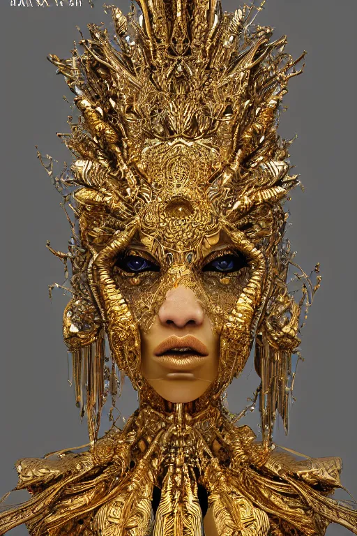 Image similar to sculpture made of gold, portrait, future, shaman, gold, close up, harper's bazaar, vogue, magazine, insanely detailed and intricate, concept art, ornate, luxury, elite, elegant, trending on artstation,