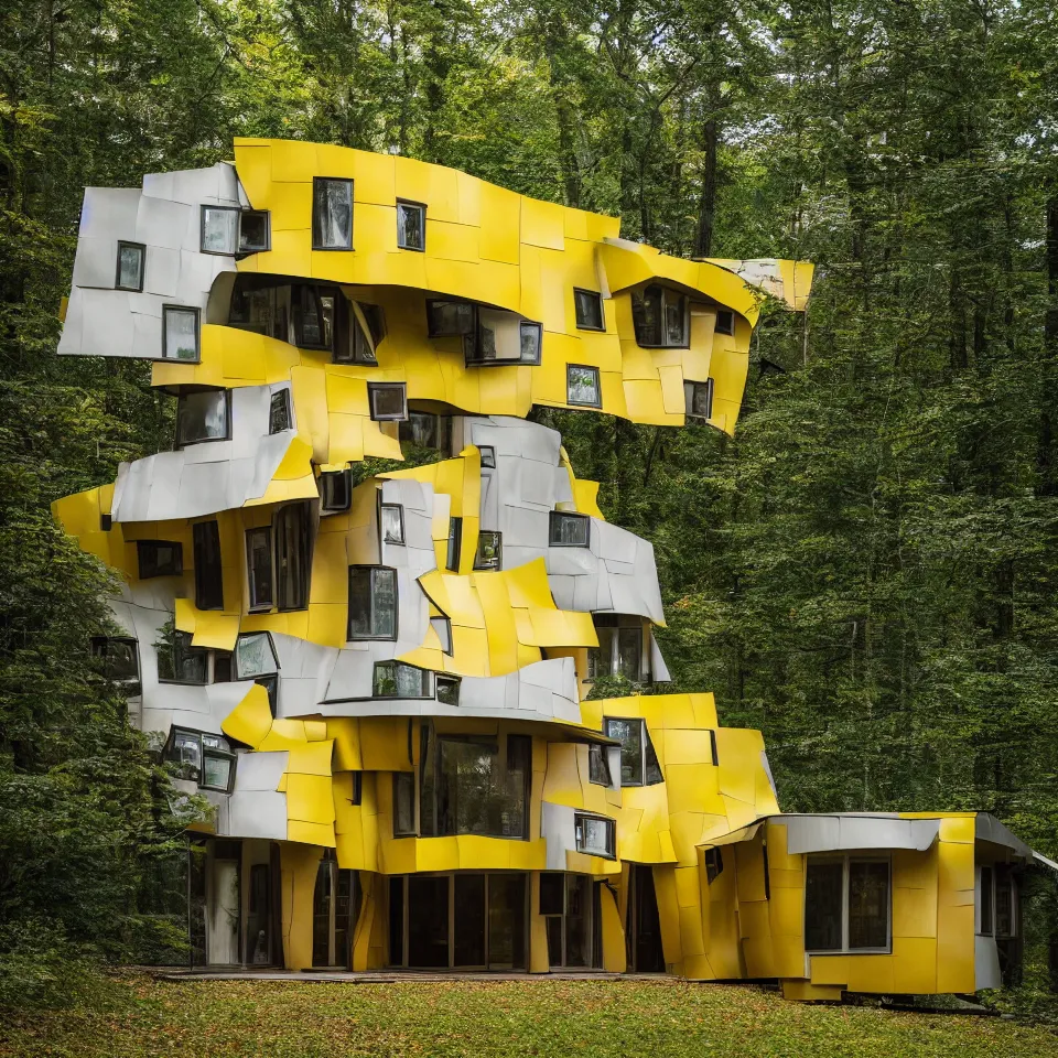 Image similar to architecture ad for a mid-century modern house in the middle of the forrest, designed by Frank Gehry. Film grain, cinematic, colorized, yellow hue