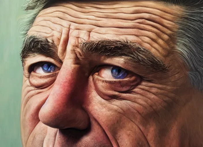 Image similar to a hyper-detailed oil painting of Robert DeNiro; an extraordinary masterpiece!!!; flawless; photorealistic; trending on artstation; f/1.4; 90mm