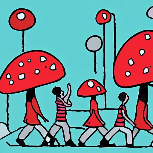 Prompt: Illustration of mushroom people going about their day in the city