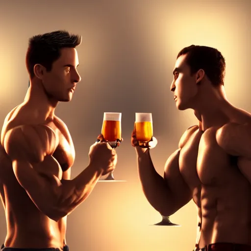 Image similar to cinematic scene with attractive muscular male and another attractive muscular male, drinking their hearts out, in the pub, high definition, very detailed, volumetric lighting, still frame