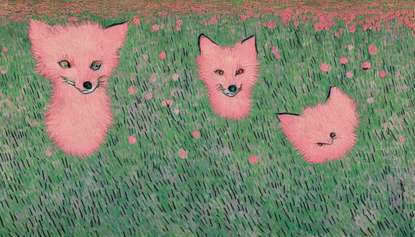 Image similar to pink fox head popping out of a field of flowers by Van Gogh, minimalist, detailed