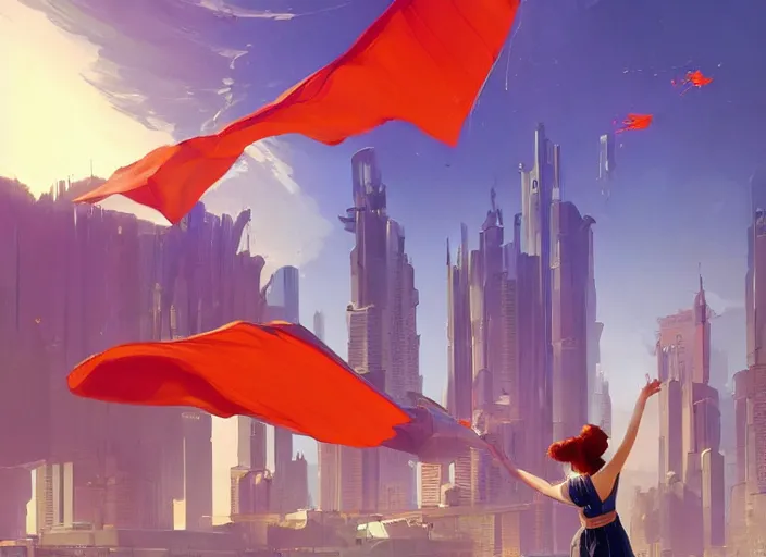 Image similar to gorgeous inspiring girl enthusiastically waving a red flag over her head to manage flying car traffic in aMandelbrot fractal futuristic bustling utopian city by Craig Mullins, ilya kuvshinov, krenz cushart, artgerm trending on artstation by Edward Hopper and Dan Mumford and WLOP and Rutkovsky, Unreal Engine 5, Lumen, Nanite, low poly
