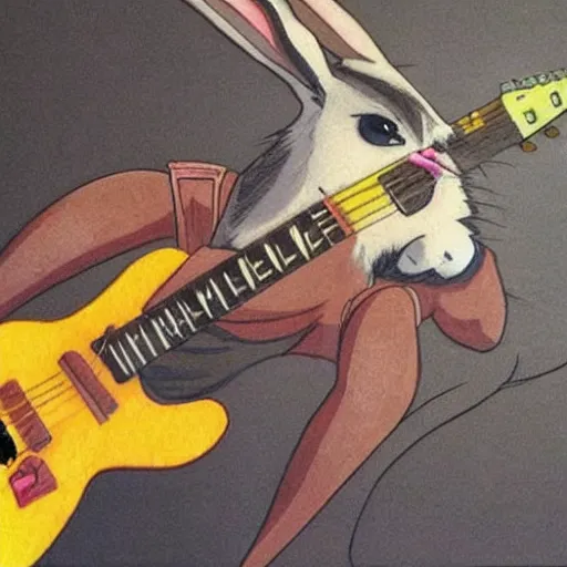 Image similar to a rabbit playing guitar, realistic anime art