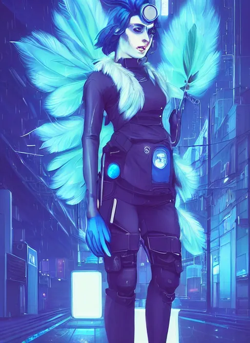 Image similar to A beautiful portrait commission of a female furry anthropomorphic avian blue bird fursona with feathers wearing a security guard uniform with a bullet proof vest. Cyberpunk city at night in the rain. Neon Light. Atmospheric. Character design by charlie bowater, ross tran, artgerm, and makoto shinkai, detailed, inked, western comic book art. 🐦🪶👔