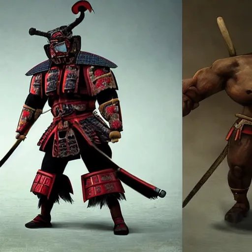 Image similar to big buff very strong very buff samurai wearing an oni mask, accurate detailed wellmade movie still