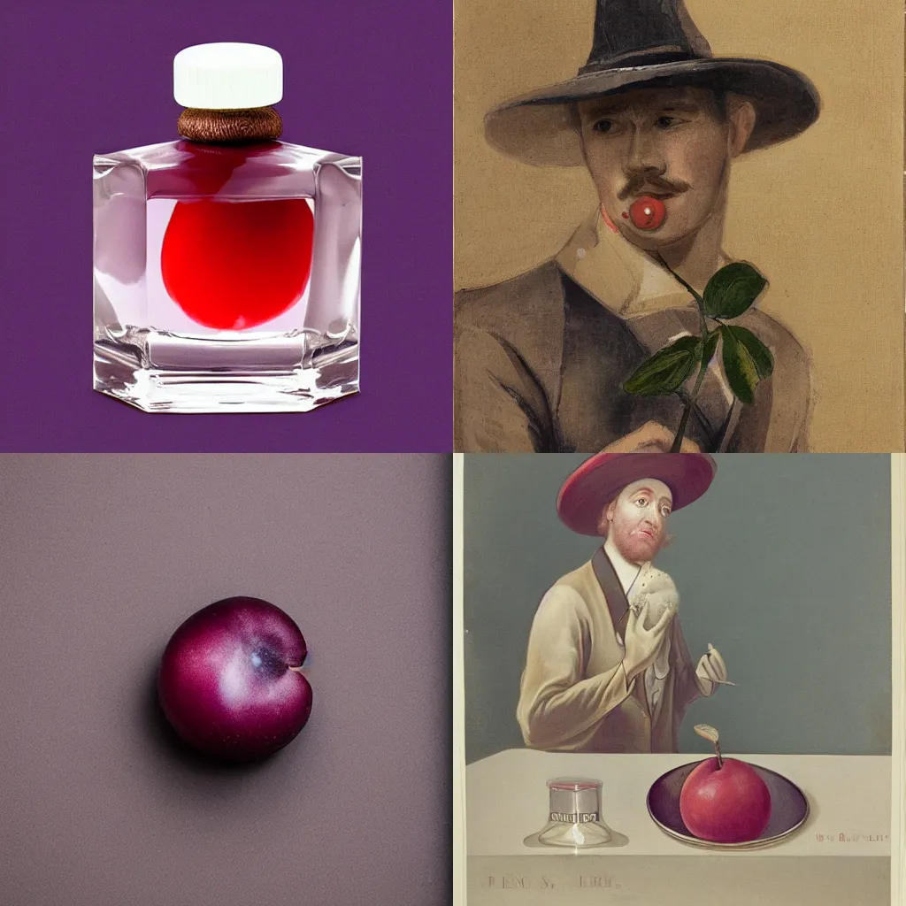 Prompt: a single plum, floating in perfume, served in a man's hat