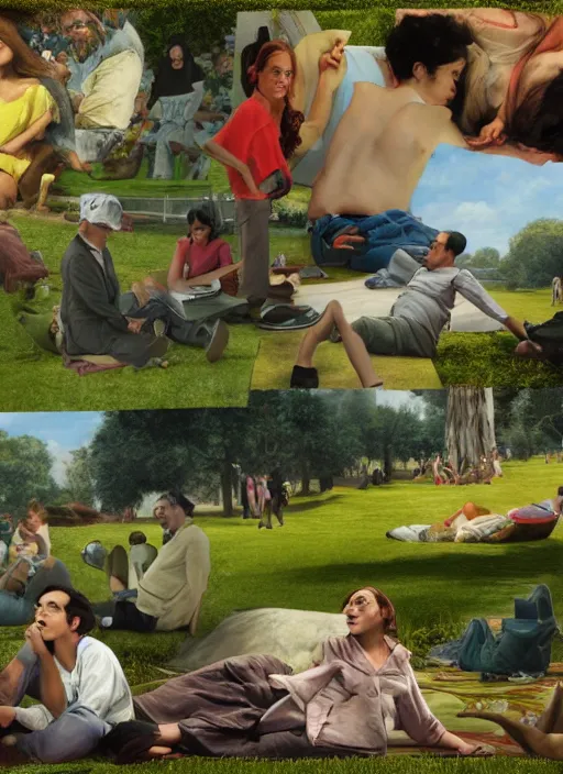 Prompt: waking life movie, collage paper, people resting on the grass, by augustus edwin mulready, ultra detailed high resolution cinematic unreal 6