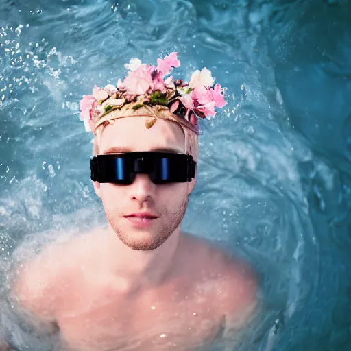 Prompt: close up kodak portra 4 0 0 face portrait photograph of a skinny guy with blonde hair submerged in a elegant tub of white milk, aerial view, wearing cyber goggles, flower crown, moody lighting, telephoto, 9 0 s vibe, blurry background, vaporwave colors, dream aesthetic, dreamy aesthetic, faded!,