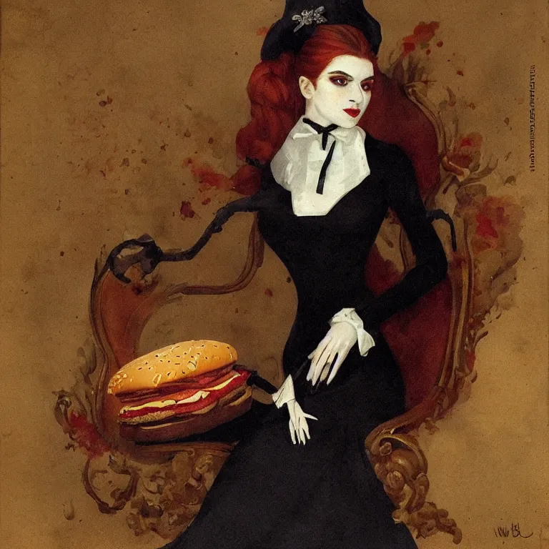 Prompt: portrait of a beautiful and grim vampire queen wearing a mcdonalds uniform by William-Adolphe Bouguerea