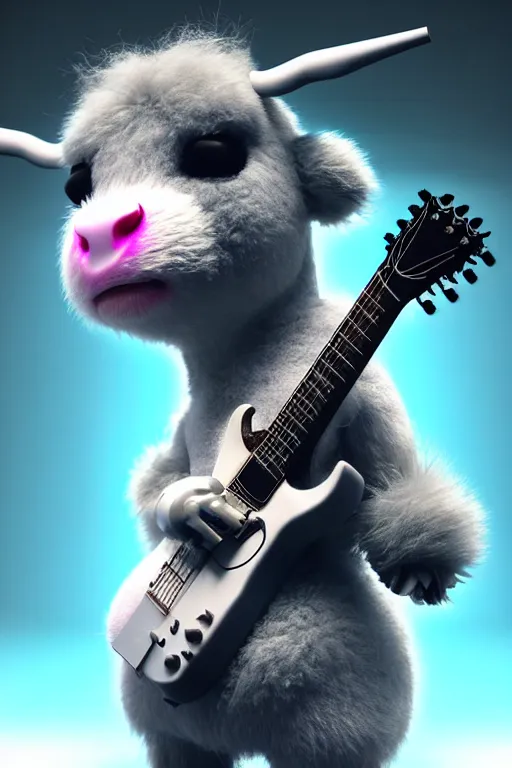 Image similar to high quality 3 d render very cute fluffy! cyborg cow plays guitar, cyberpunk highly detailed, unreal engine cinematic smooth, in the style of blade runner & detective pikachu, hannah yata charlie immer, moody light, low angle, uhd 8 k, sharp focus