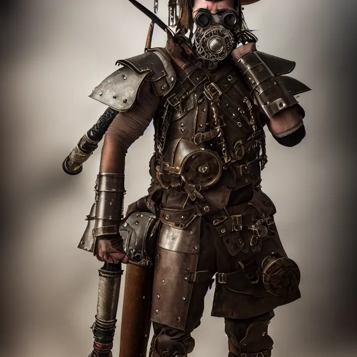 Prompt: professional full length photograph of a dieselpunk warrior. Extremely detailed. 8k