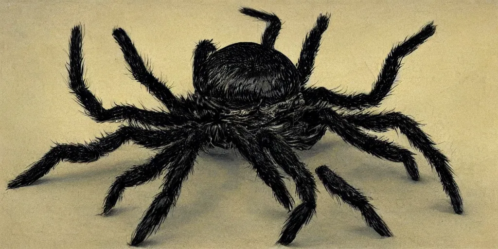 Image similar to hyperrealism Baptism on the river, monster spider in style of Goya