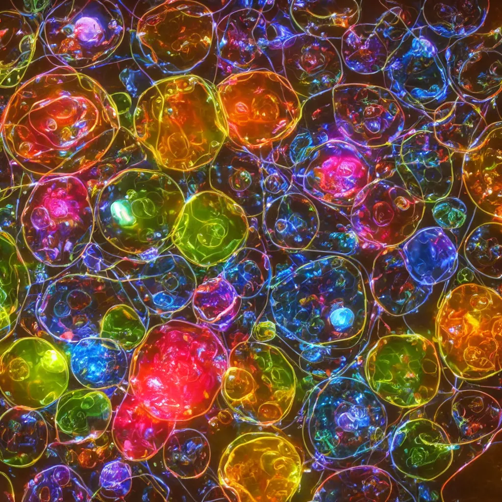 Image similar to well - lit studio photo of a plastic model of a human cell, beautiful, highly detailed, showing the nucleus, endoplasmic reticulum, golgi bodies, mitochondria, and other organelles
