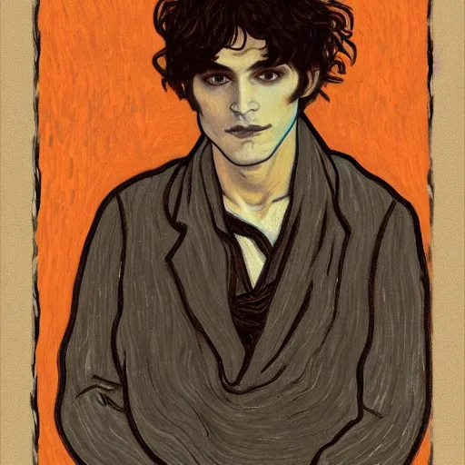 Image similar to painting of young cute handsome beautiful dark medium wavy hair man in his 2 0 s named shadow taehyung at the halloween pumpkin jack o'lantern party, depressed, melancholy, autumn, japan, elegant, clear, painting, stylized, delicate, soft facial features, delicate facial features, soft art, art by alphonse mucha, vincent van gogh, egon schiele