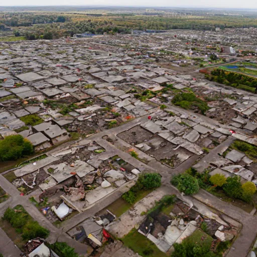 Image similar to top down aerial view of dilapidated kindergarden and suburb real life, desolate with zombies, dilapidated, zombies in the streets, nightmarish, some rusted style parked vehicles, sunny weather, few clouds, volumetric lighting, photorealistic, daytime, autumn, sharp focus, ultra detailed, cgsociety