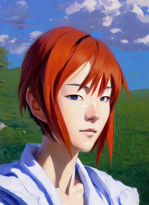 Image similar to portrait of Asuka Soryu Langley from Neon Genesis Evangelion, countryside, calm, fantasy character portrait, dynamic pose, above view, sunny day, thunder clouds in the sky, artwork by Jeremy Lipkin and Giuseppe Dangelico Pino and Michael Garmash and Rob Rey, very coherent asymmetrical artwork, sharp edges, perfect face, simple form, 100mm